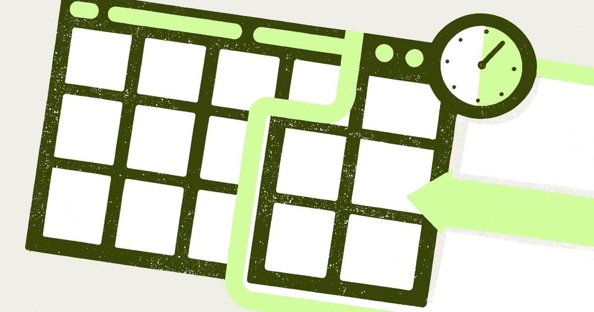 Abstract illustration of a blank document icon connected by a dashed arrow to a spreadsheet grid, with a small clock symbol on the arrow representing an automatically refreshing data formula