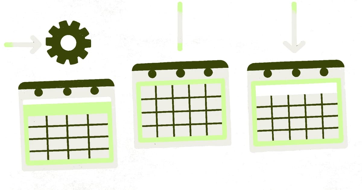 Abstract illustration of three stacked blank rectangles representing a scheduled pipeline — a calendar shape, a gear, and a spreadsheet grid — connected in sequence by arrows