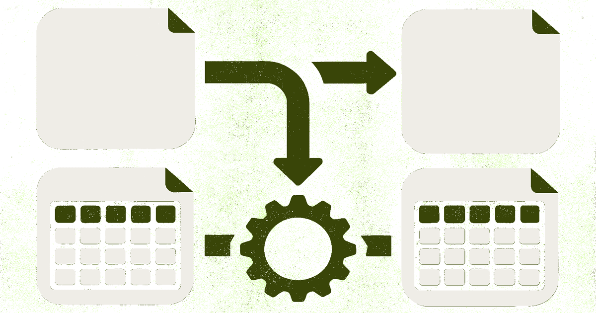 Abstract flat illustration of a looping arrow cycling a blank data grid through a gear shape and back into a spreadsheet grid, representing an automated recurring CSV-to-Sheets pipeline