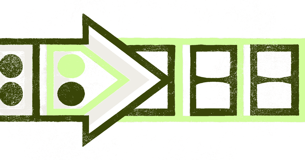 Abstract flat illustration showing jumbled geometric character shapes on the left transforming into neat, orderly blocks on the right, representing garbled text being corrected by encoding fixes