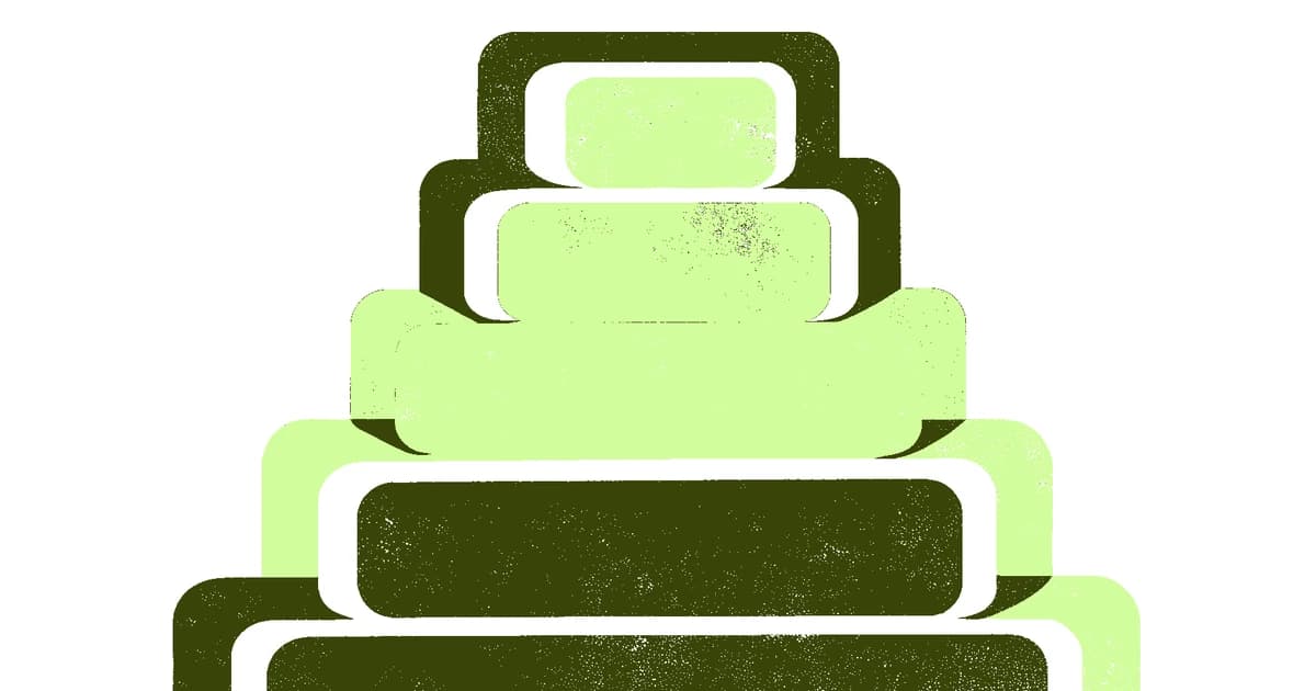 A tapering tower of nested rounded blocks stacked in alternating colors, illustrating the layered, hierarchical structure of nested JSON data