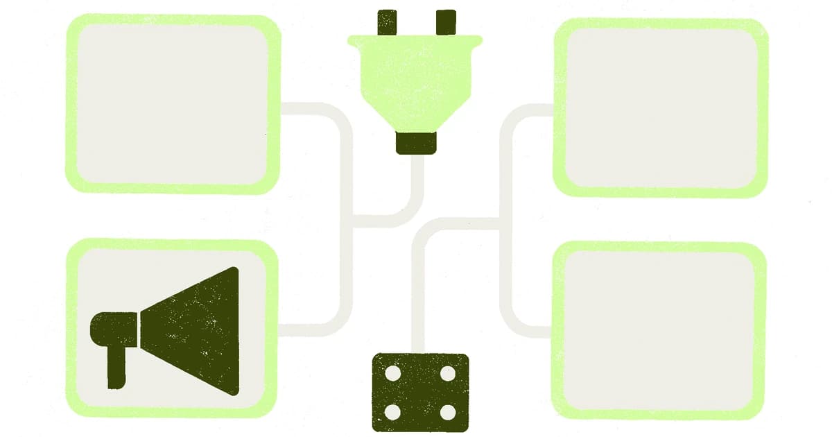 Four different paths — a funnel, a cursor arrow, a plug icon, and a puzzle piece — all converging into the same grid of spreadsheet blocks