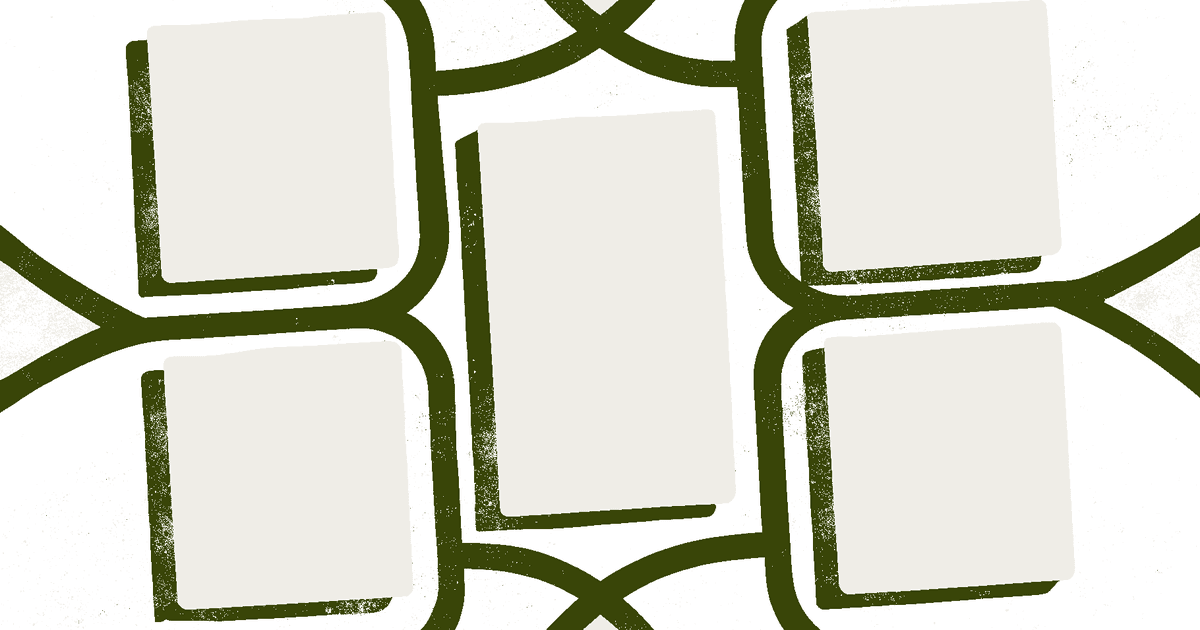 Curly braces and square brackets unfolding into a neat grid of blank rounded blocks, representing JSON data becoming a spreadsheet