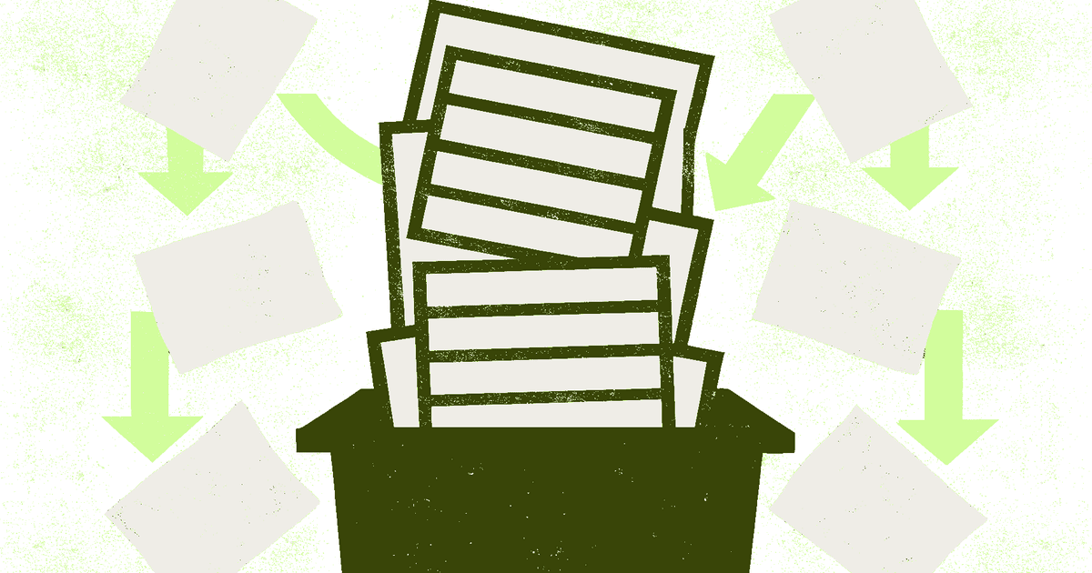 A stack of data pages overflowing from a small container with arrows around them, representing a CSV file that exceeds Google Sheets' size limits