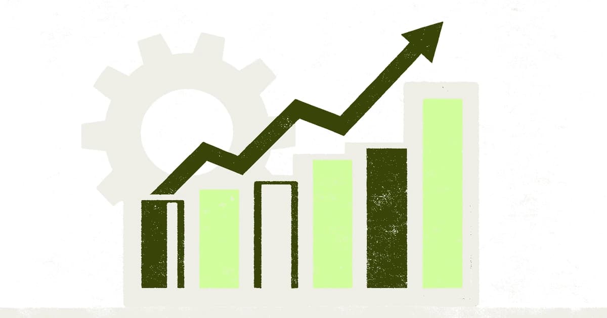A bar chart with a steeply rising trend arrow in front of a large gear, representing Excel's raw analytical power